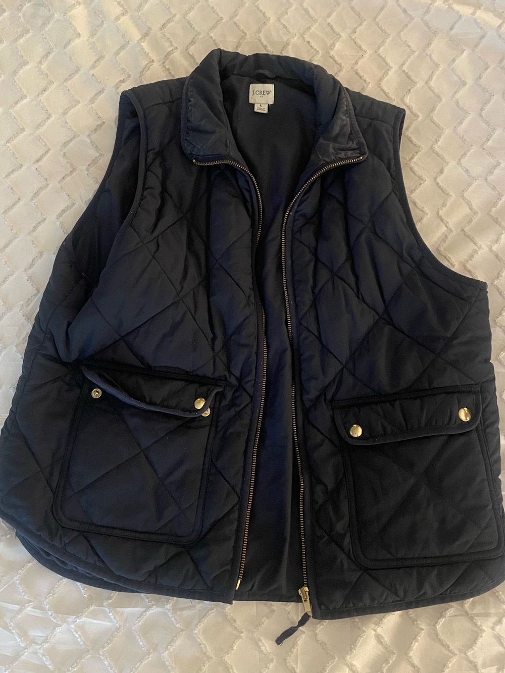 J. Crew Quilted Dark Navy Shell Vest with Gold-Tone Hardware